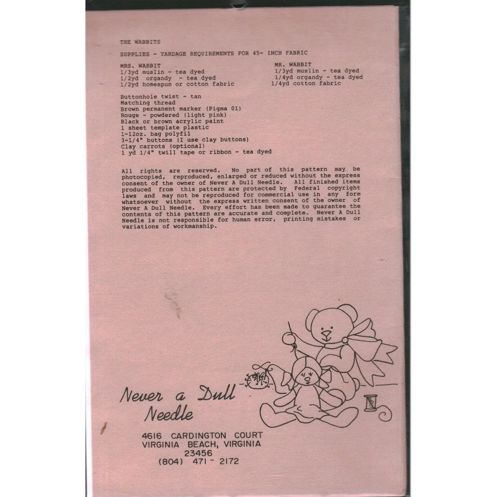 Never a Dull Needle The Wabbits 15 Inch Doll Sewing Pattern Jo Gummere Vintage